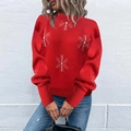 Pull en tricot rouge pour femme avec motifs de flocons de neige et col ras du cou - S / Rouge Flocon de neige