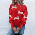Pull de Noël rouge pour femmes avec motifs de rennes blancs tricotés et col rond - S / Rouge - Élan