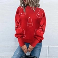 Pull de Noël rouge festif avec motifs de cloches tricotés et col rond classique - S / Rouge Cloche