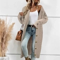 Langer Damen-Strickcardigan in Khaki mit Zopfmuster und Vintage-Knöpfen für den Herbst - S / Khaki