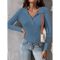 Navy ribbed knit long sleeve polo sweater with V-neckline paired with blue denim jeans - Blue