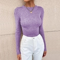 Detail shot of the purple ribbed knit texture on a long sleeve slim fit crewneck sweater - Purple