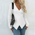 Women's white ribbed knit sweater with wrap V-neck and asymmetric hem design - S / White