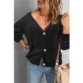 Damen Strickjacke mit V-Ausschnitt, Silberknöpfen und strukturierten Noppenstrick-Ärmeln - S / Schwarz