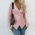 Slim fit light pink V-neck ribbed sweater with asymmetric wrap front design for women - S / Pink