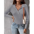 Women's grey ribbed knit long sleeve sweater with a classic polo collar and V-neckline - Gray