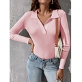 Pink long sleeve polo collar ribbed knit sweater paired with denim jeans and handbag - Pink
