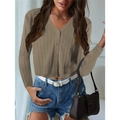 Gilet en tricot beige pour femme avec col en V, côtes verticales et boutons simples - S / Khaki