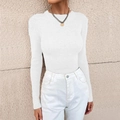 Jersey ajustado blanco de punto acanalado con cuello redondo y manga larga mujer - S / Blanco