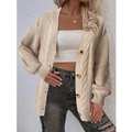 Cardigan beige da donna in maglia a trecce con grandi bottoni in legno e trama a coste - S / Cachi