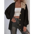 Cardigan lungo nero da donna con bottoni dorati e lavorazione a treccia in stile casual - S / Nero
