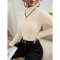 Elegant slim-fit beige turtleneck knit sweater with vertical ribbed texture for women - Apricot