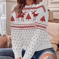 Women's Christmas knit sweater with red reindeer and tree patterns on white background - S / White