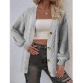 Cardigan grigio a trecce da donna con bottoni ambra e vestibilità casual ampia - S / Grigio