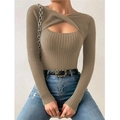 Bruine geribbelde trui met lange mouwen en een gedraaid cut-out design aan de voorkant - S / Khaki