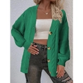Women's casual green cable knit cardigan with gold buttons and loose fit style - S / Green
