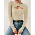 Pull ajusté en maille côtelée beige avec découpe croisée originale pour femmes - Abricot