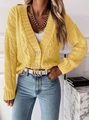 Gilet en maille torsadée jaune vif avec boutons perlés et col en V pour femme - S / Jaune