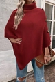 Chic dark red turtleneck knit poncho sweater with side button details and asymmetrical hem - S / Burgundy