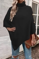 Women high turtleneck knitted poncho cape with large wooden side buttons in black finish - S / Black