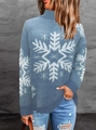 Light blue knit sweater with white snowflake pattern and high turtleneck design - Blue