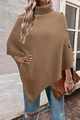 Brown high neck knitted poncho cape for women with decorative shoulder buttons and asymmetric hem - S / Camel