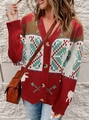 Dames kerstvest met V-hals, eland- en sneeuwvlokpatroon in een gezellige winterse stijl - S / Rood
