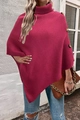 Detail showing knit texture and decorative buttons on magenta high neck poncho wrap - S / Rose Red