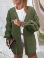 Women casual longline dark green chunky knit cardigan featuring textured puff sleeves - Green