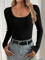Maglione da donna in maglia a coste nero a maniche lunghe con profondo scollo a U - S / Nero
