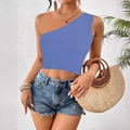 Top corto azul de un hombro con tejido de punto acanalado ajustado para mujer verano - S / Azul