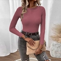Women's slim fit long sleeve knit sweater in dusty rose with ribbed texture design - Brick Red