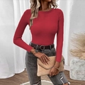Women's slim fit crewneck rib knit long sleeve sweater in vibrant red color - Red