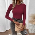 Slim fit burgundy rib-knit long sleeve sweater with a classic round neck for women - Burgundy