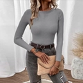 Slim fit grey ribbed knit sweater for women with a round neck and long sleeves - Gray