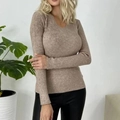 Close-up of women's V-neck ribbed knit sweater in light brown with detailed vertical texture - Khaki