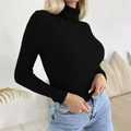 Pull col roulé noir moulant en tricot côtelé pour femme avec manches longues chic - S / Noir