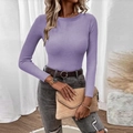 Slim fit purple long sleeve ribbed knit sweater with a classic round neck design - Purple
