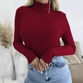 Detail shot of the ribbed texture and high collar on this dark red knit sweater - Burgundy