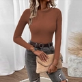 Women's slim-fit long-sleeve ribbed knit sweater with round neck in caramel brown color - Caramel color