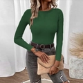 Slim fit dark green long sleeve crewneck ribbed knit sweater top for women - Dark Green