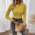 Slim fit mustard yellow ribbed knit sweater with crew neck and long sleeves for women - Yellow