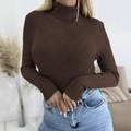 Close-up of a dark brown ribbed knit turtleneck sweater with fine vertical stripes - Coffee