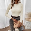 Slim fit cream rib-knit crewneck sweater for women with long sleeves and urban style - Apricot