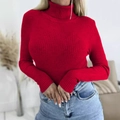 Close-up of bright red high-neck ribbed knit sweater with long sleeves on a model - Red