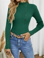 Detailed texture of dark green ribbed knit sweater featuring retro buttons and a mock neck - Dark Green
