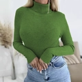 Close-up of grass green turtleneck knit sweater featuring premium vertical ribbed texture - Light Green