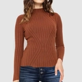 Close-up of rust red ribbed knit texture and semi-high collar of the long sleeve sweater - S / Caramel color