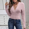 Jersey de punto rosa con cuello en V, cintura acanalada y detalles calados delicados - S / Rosa