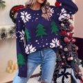 Pull de Noël bleu marine festif avec motifs flocons de neige et sapins en tricot doux - S / Bleu Marine
